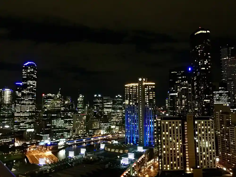 Night view over the Yarra River and the city towers, taken from the 28th floor of Crown Metropol