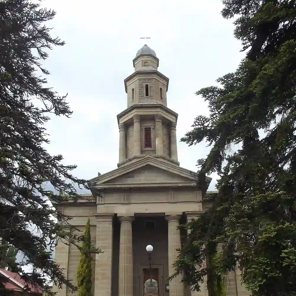 St George's Church in Battery Point, framed by tall trees