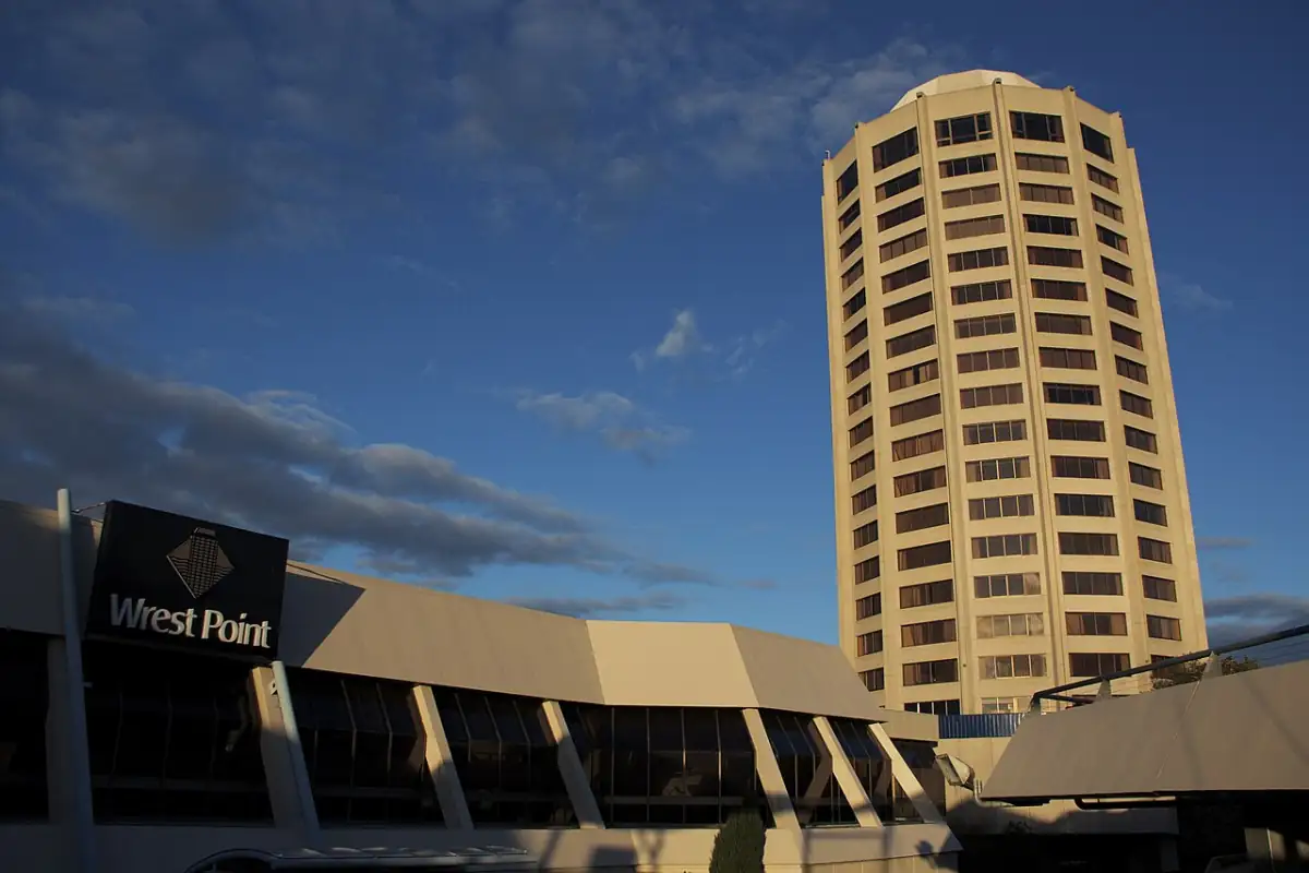 The Wrest Point sign on the low entrance building with the hotel tower behind, Sandy Bay, Hobart